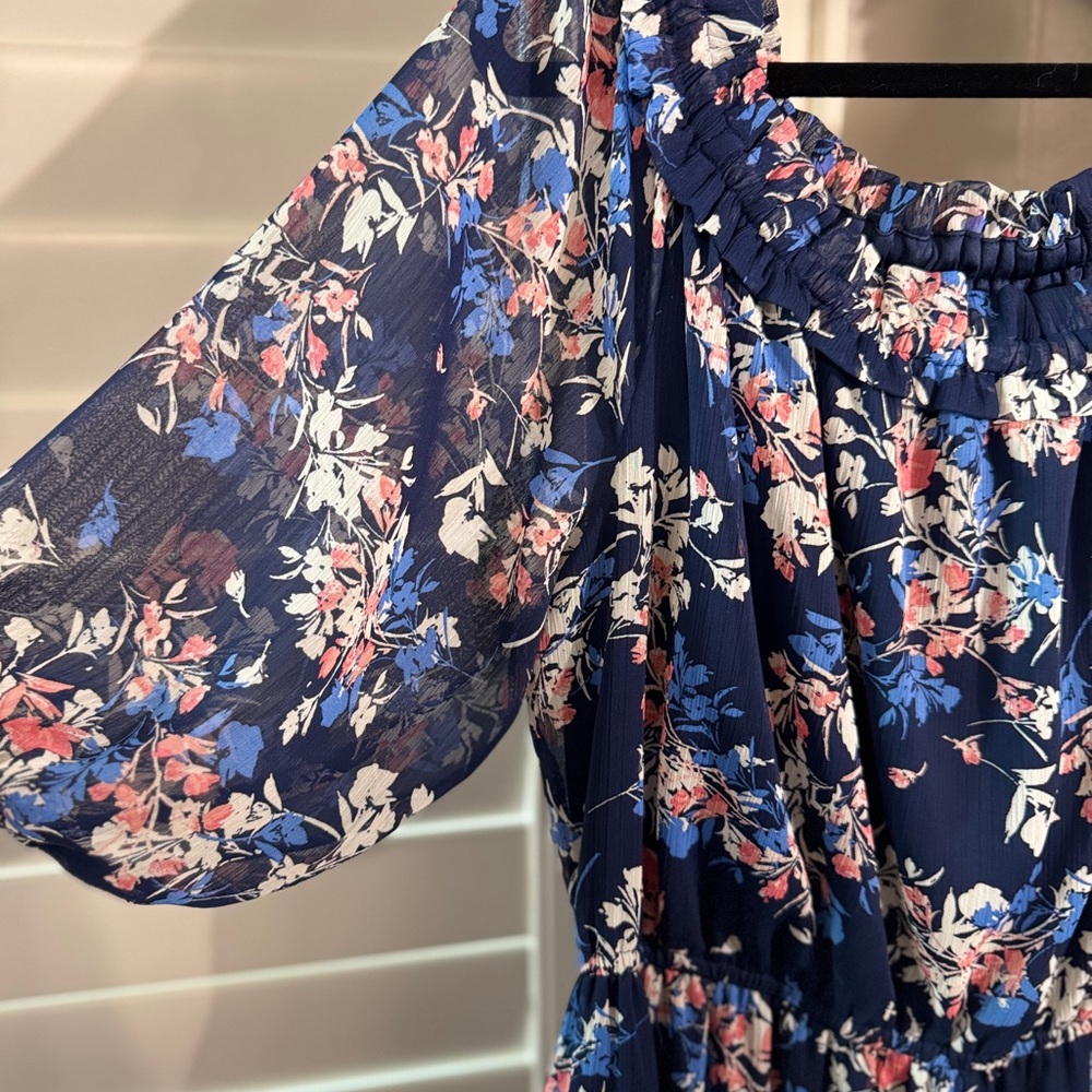 Westport Blue Dress with Ruffle Hem and off shoulder balloon sleeves sheer XL - Picture 2 of 8